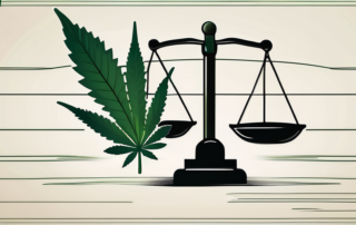 A balanced scale with a cannabis leaf on one side and a legal document (representing the law) on the other side