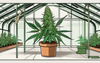 A lush cannabis plant growing in a well-tended greenhouse
