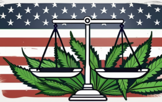 A balance scale with cannabis leaves on one side and the american flag on the other