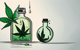 A cannabis plant with a droplet of oil falling from one of its leaves into a small glass bottle