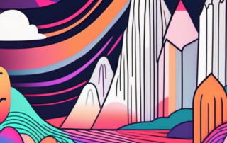 A psychedelic landscape with abstract shapes and vibrant colors
