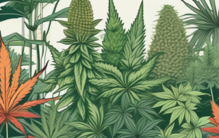 A variety of cannabis plants in a lush