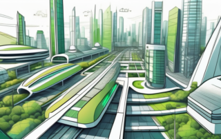 A futuristic cityscape with advanced technologies such as flying cars