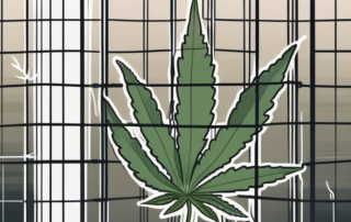 A cannabis leaf trapped inside a chain or cage