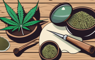 Different varieties of cannabis seeds scattered on a rustic wooden table