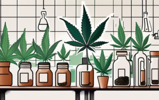 Various cannabis plants in a pharmacy setting