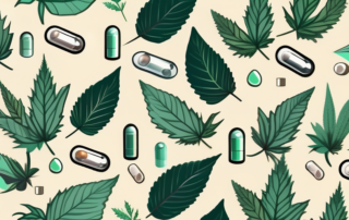 Various cbd capsules scattered on a leafy
