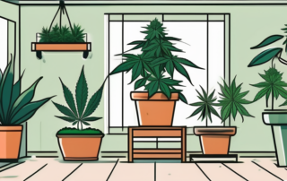 A lush cannabis plant in a home garden setup