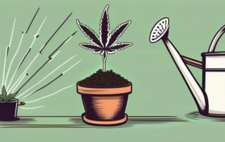 Marijuana seeds sprouting in a pot with a watering can nearby