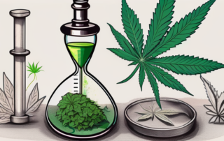 A cannabis leaf juxtaposed with various symbolic representations of potential consequences such as a broken chain representing addiction