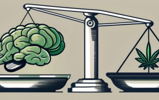 A cannabis leaf being weighed on one side of a scale and a brain on the other side