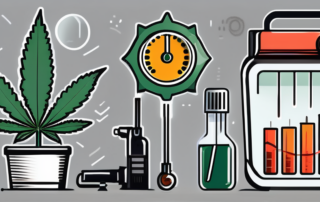 A cannabis plant with a thermometer showing a high temperature