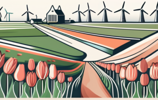 A dutch landscape with windmills and tulip fields