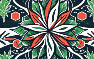 A cannabis leaf in the center with various abstract symbols around it representing both positive and negative effects
