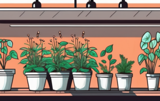 An indoor gardening setup with autoflowering seeds sprouting in pots under artificial grow lights