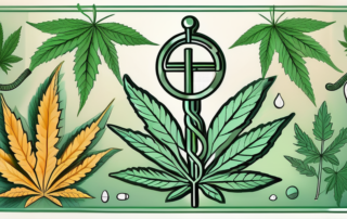 A variety of cannabis leaves interspersed with medical symbols like the rod of asclepius
