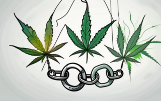 A cannabis leaf slowly transforming into a broken chain
