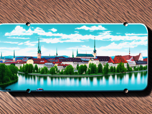 A car license plate with the iconic lech river and landsberg am lech's historic cityscape in the background