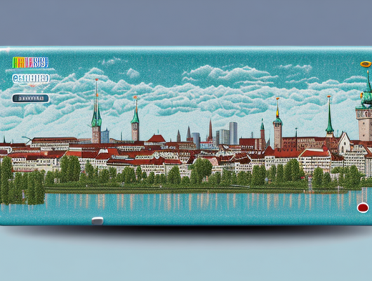 A car license plate with an abstract representation of the cityscape of landsberg am lech