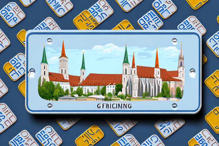 A car license plate with a blurred background of the iconic freising cathedral to represent the city of freising