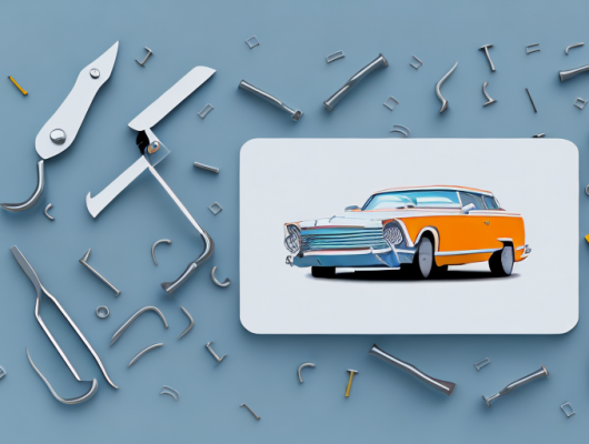 A car with a license plate being unscrewed by a set of tools floating near it