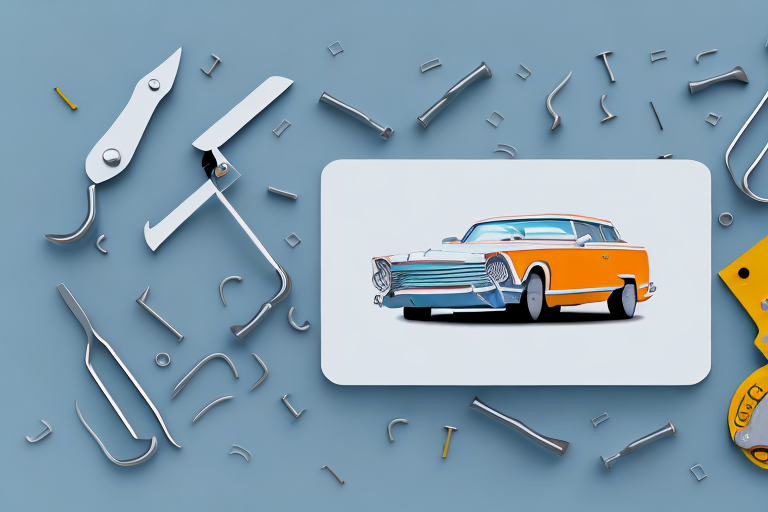 A car with a license plate being unscrewed by a set of tools floating near it