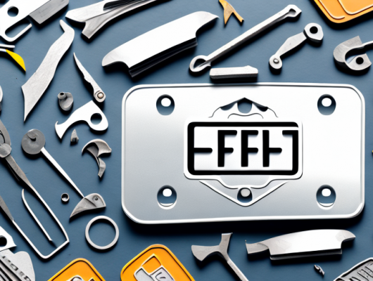 A car license plate being created with tools and materials scattered around