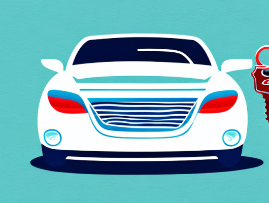 A car with a visible license plate being handed over with a set of keys on a dealership background