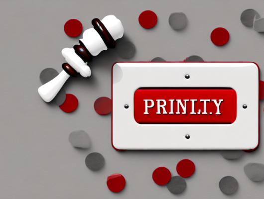 A pair of red license plates with a gavel beside them