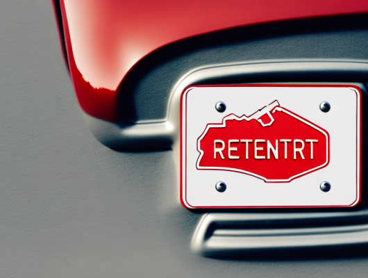 A red license plate on a car parked in front of a rental agency