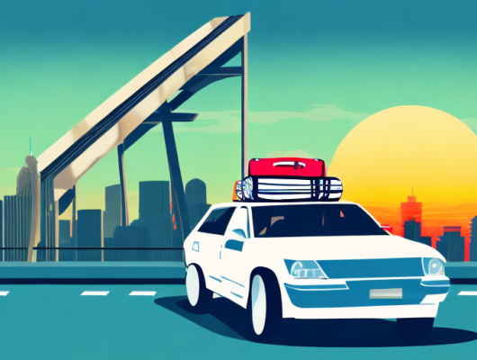 A car with luggage on top parked near a city exit sign