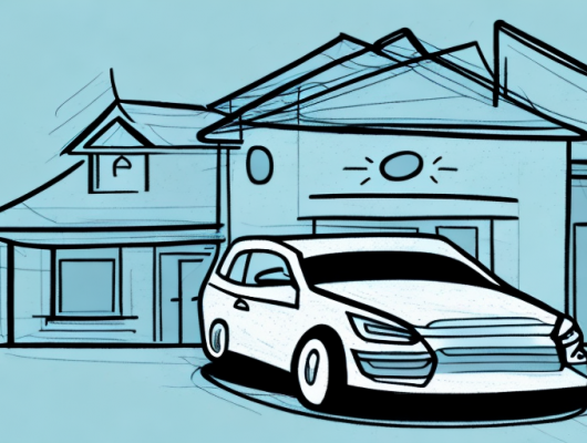 A car with its lights off parked in a driveway of a house