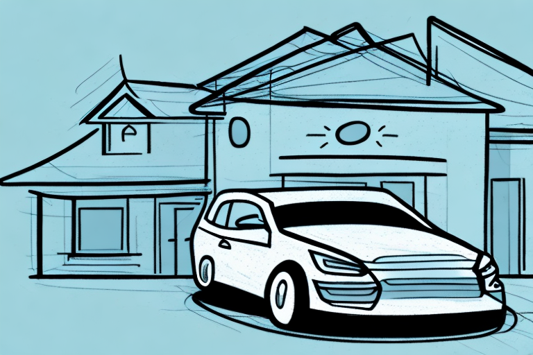 A car with its lights off parked in a driveway of a house