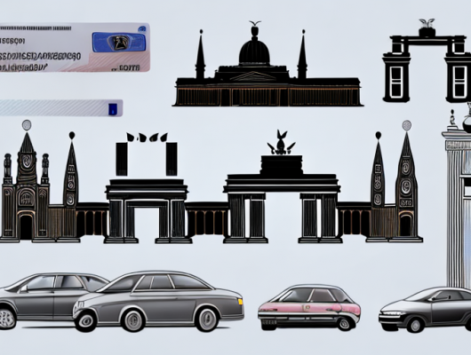 A black car license plate set against a backdrop of iconic german landmarks like the brandenburg gate or cologne cathedral