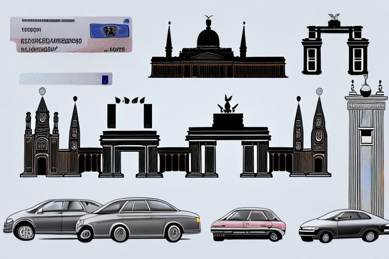 A black car license plate set against a backdrop of iconic german landmarks like the brandenburg gate or cologne cathedral