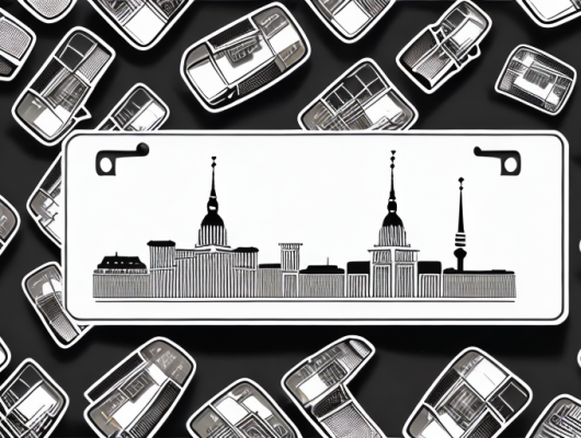 A black german license plate against a backdrop of various german landmarks