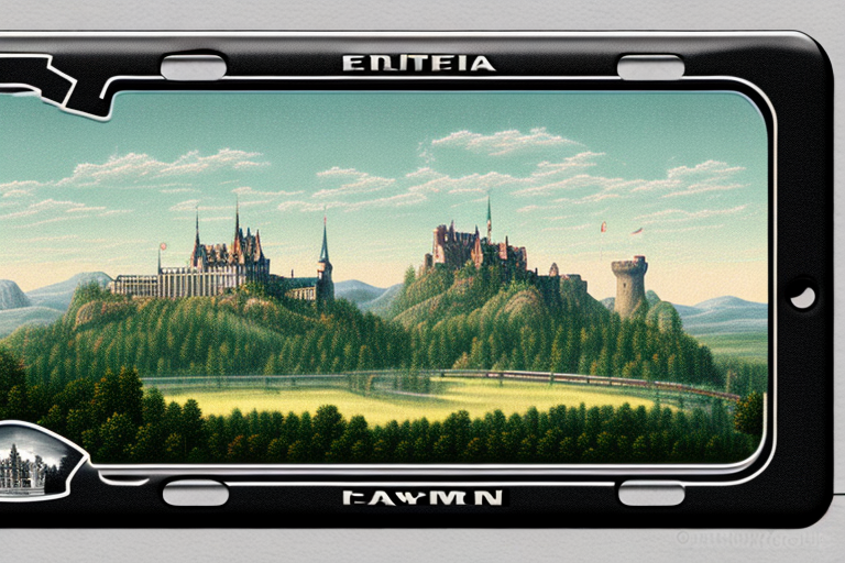 A black license plate with a german landscape in the background
