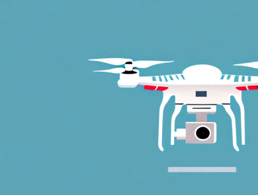 A drone with a registration tag flying over a scenic landscape