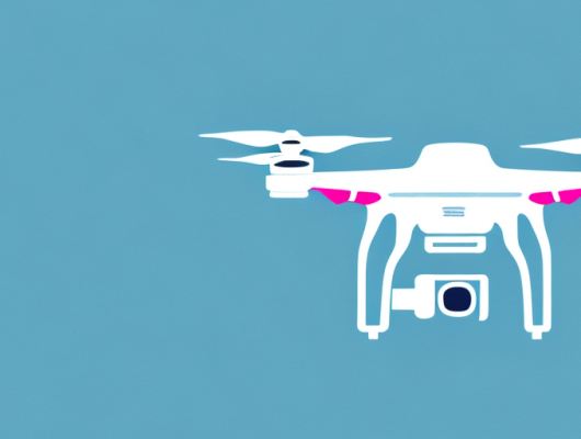 A drone flying in the sky with a visible identification tag attached to it