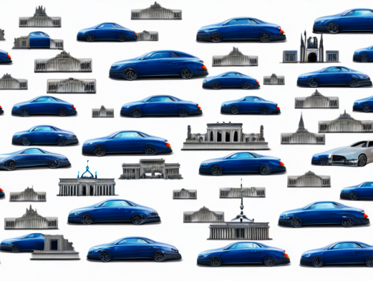 A variety of cars with german license plates against the backdrop of popular german landmarks