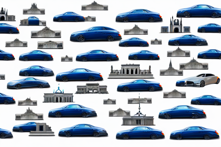 A variety of cars with german license plates against the backdrop of popular german landmarks