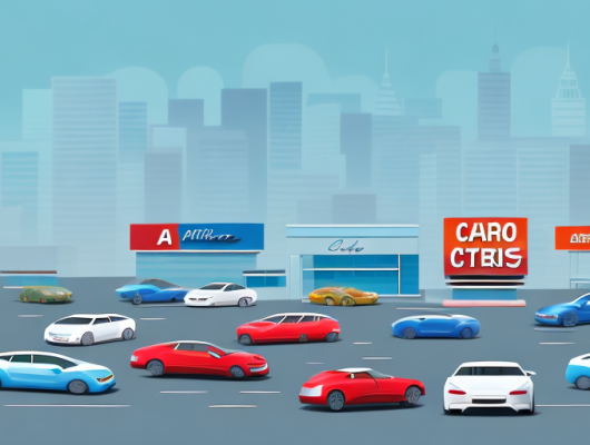 A car dealership with several cars on display and a sign indicating car registration services