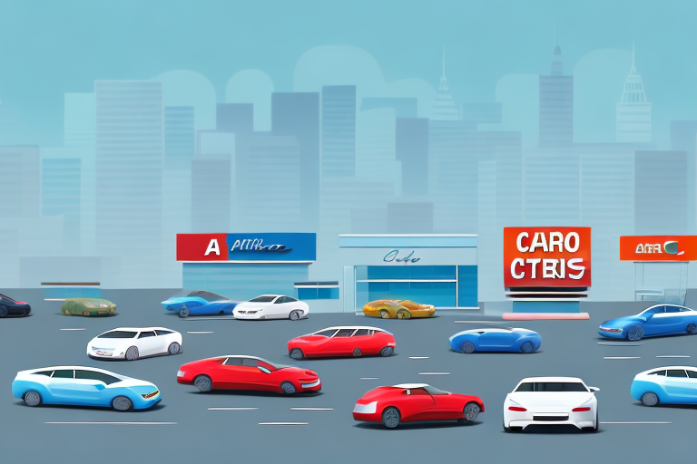 A car dealership with several cars on display and a sign indicating car registration services