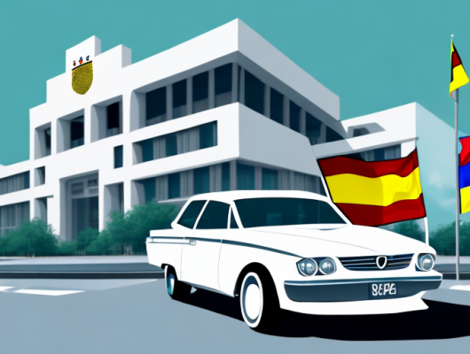 A car parked in front of a government building that is recognizable as a vehicle registration office