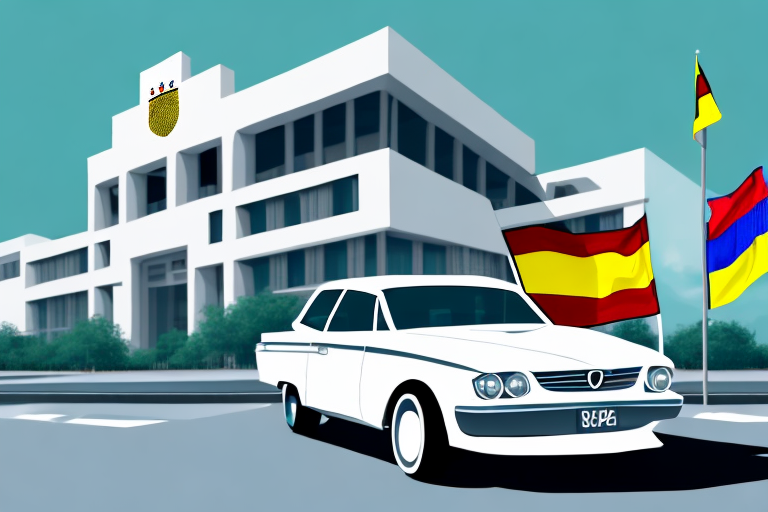 A car parked in front of a government building that is recognizable as a vehicle registration office