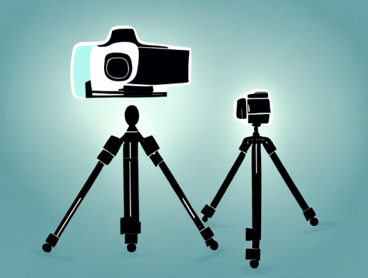 A camera on a tripod capturing the reflection of a scenic landscape in a mirror