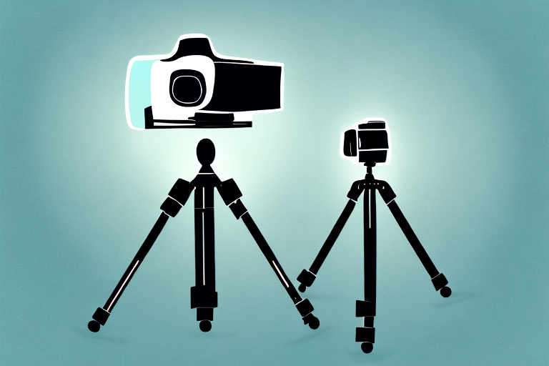A camera on a tripod capturing the reflection of a scenic landscape in a mirror