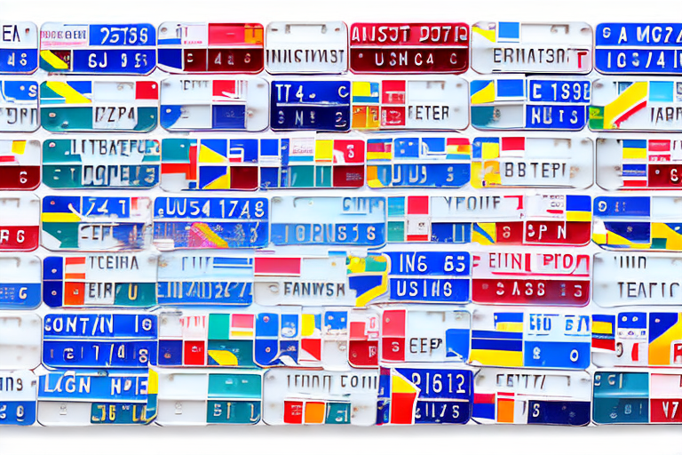 A variety of european car license plates on a map of europe