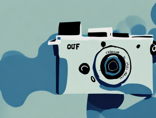 A camera focused on a blurred landscape scene