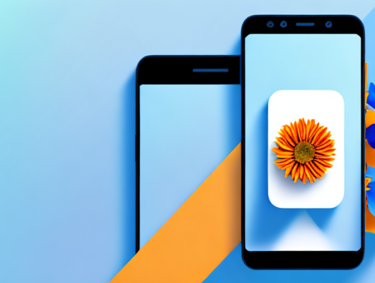 A smartphone displaying an app interface with a sharp image of a flower in the foreground and a blurred image of a landscape in the background